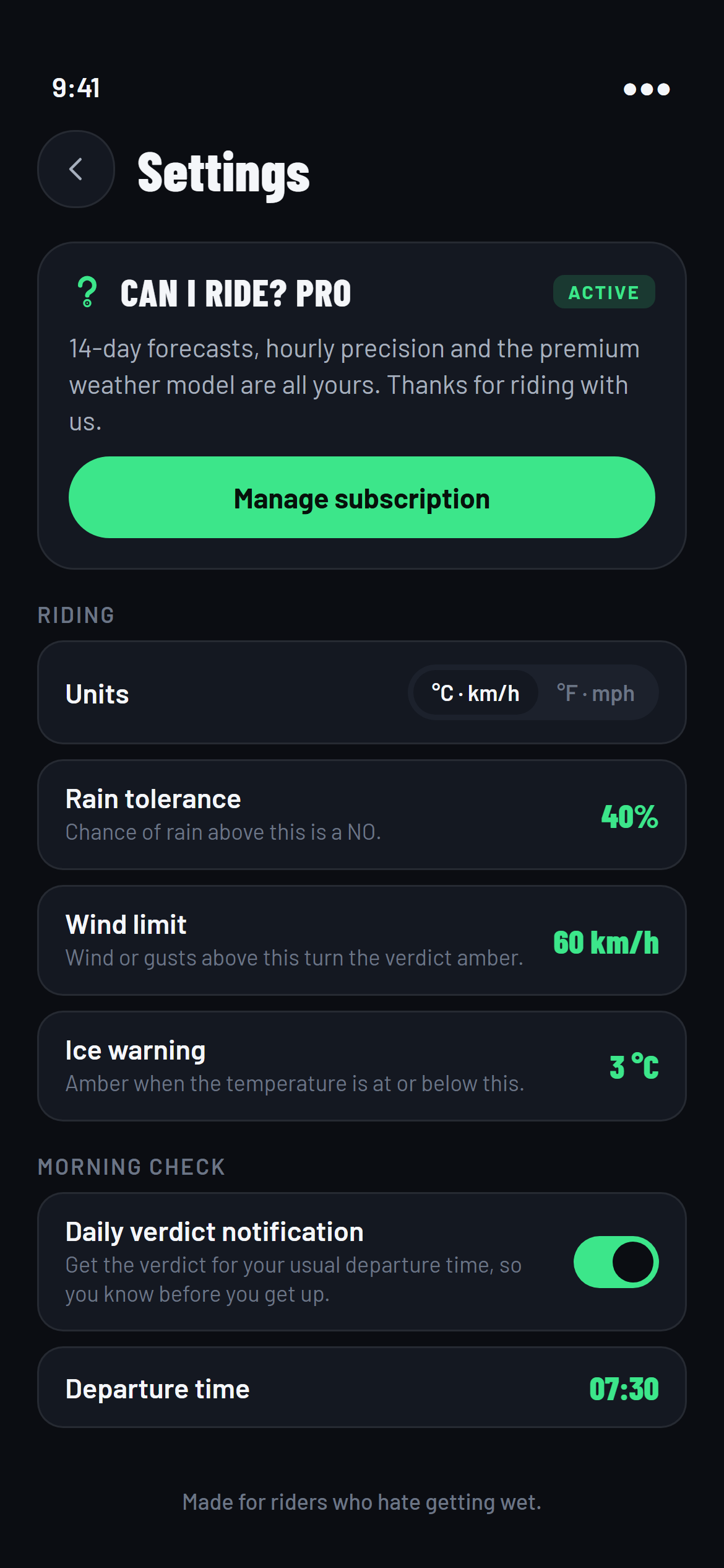 Can I Ride?: ajustes con los umbrales de lluvia, viento y hielo y el aviso matutino